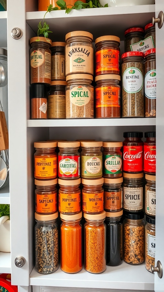 An organized spice cabinet with colorful jars of spices and herbs in a cozy kitchen.